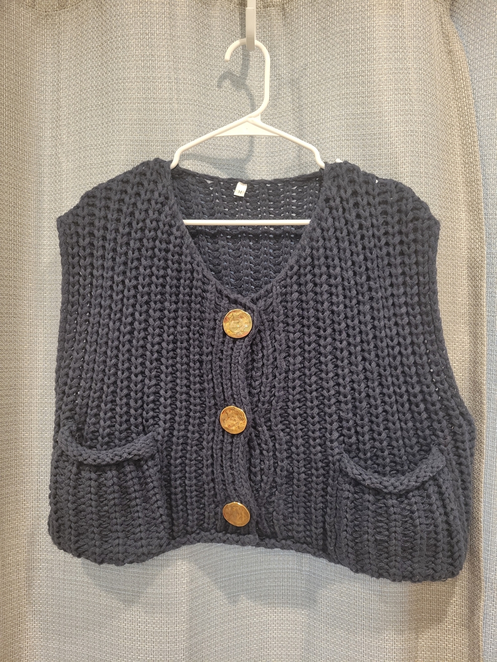 Chunky Knit Button-Front Vest Sweater in Dark Gray